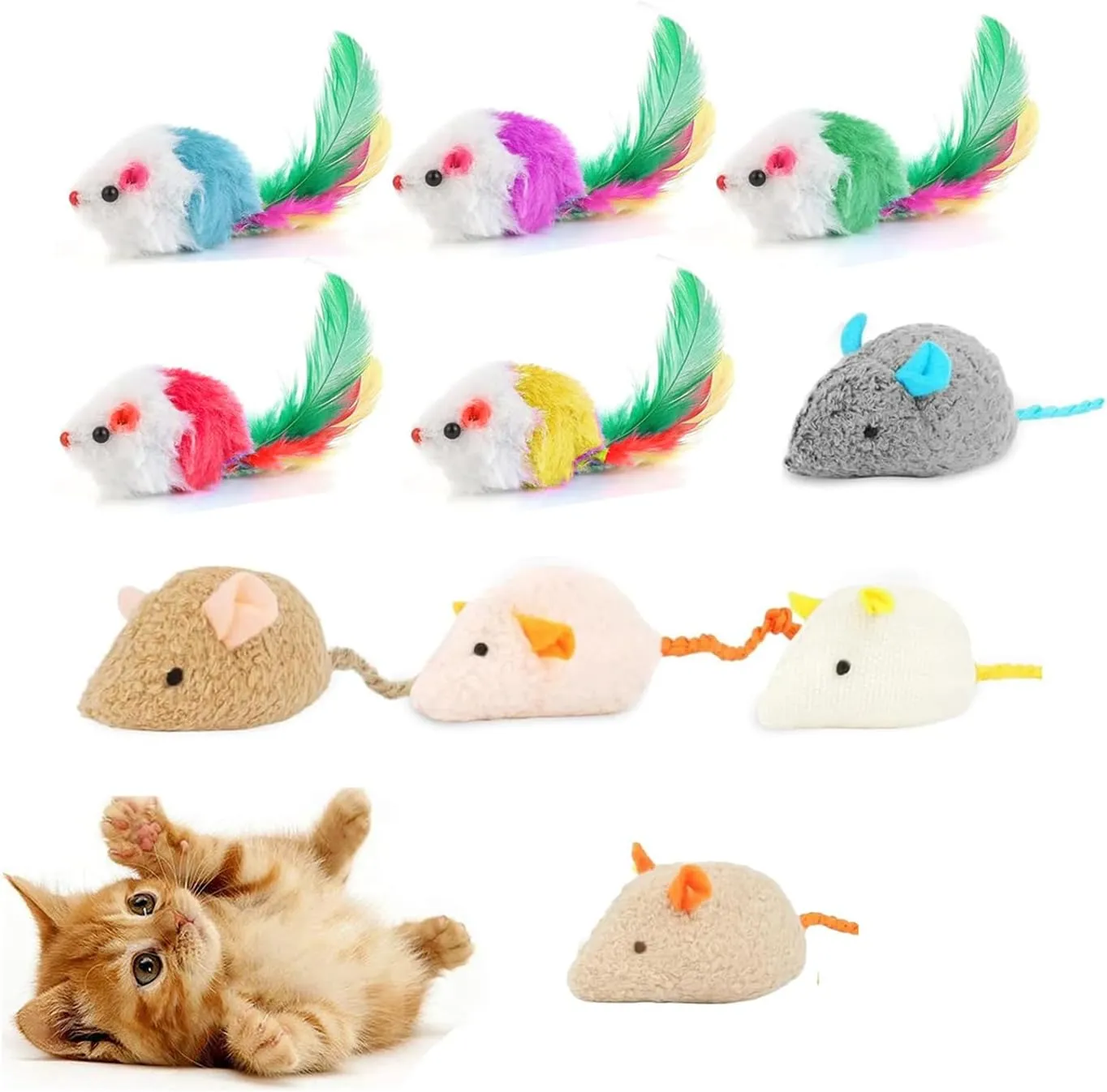 10PCS Cat Mice Toys,Interactive Mouse Cat with Feather,Catnip Toys for Indoor Cats,Kitten Chasing Hunting Exercising and Playing