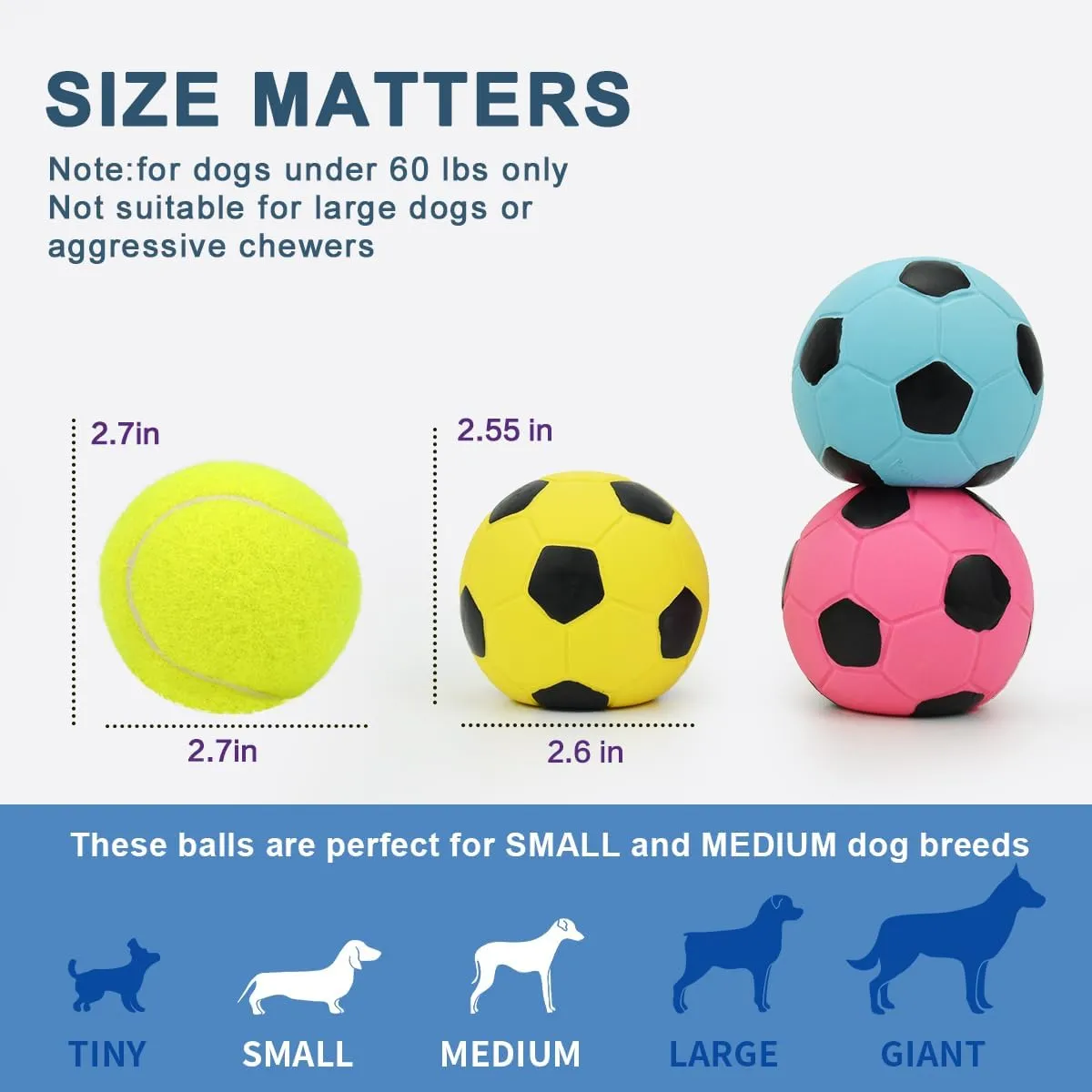 2.6" Squeaky Dog Ball for Medium Dogs, Soft Latex Rubber Squeaky Dog Toys, Cute Bounce Pet Squeak Toys Play Fetch Football Soccer Ball