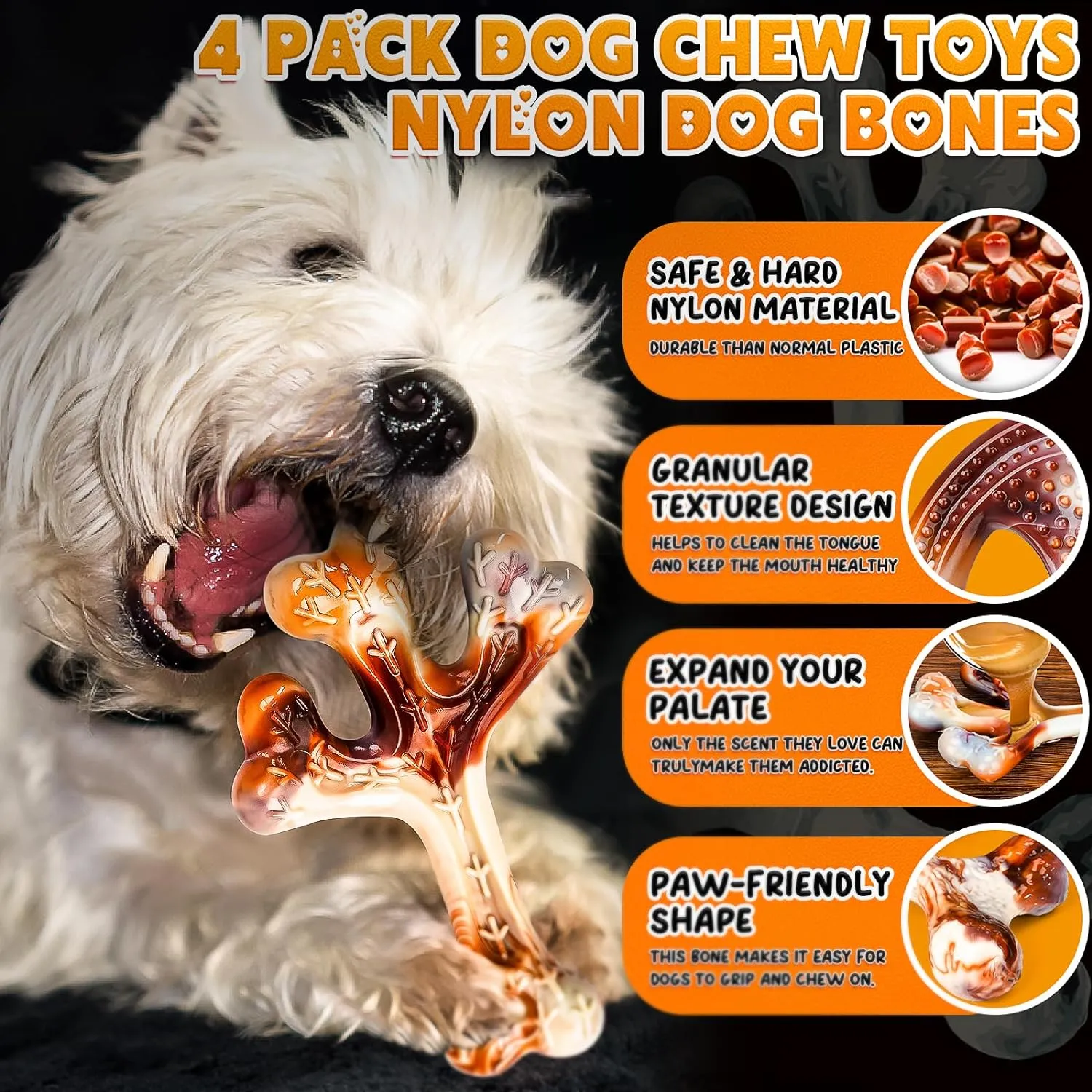 4-Pack Dog Chew Toys for Aggressive Chewers, Indestructible Nylon Bones with Bacon Flavor, Tough Durable Teeth Cleaning Chew Dog Toy for Large Medium Small Breeds