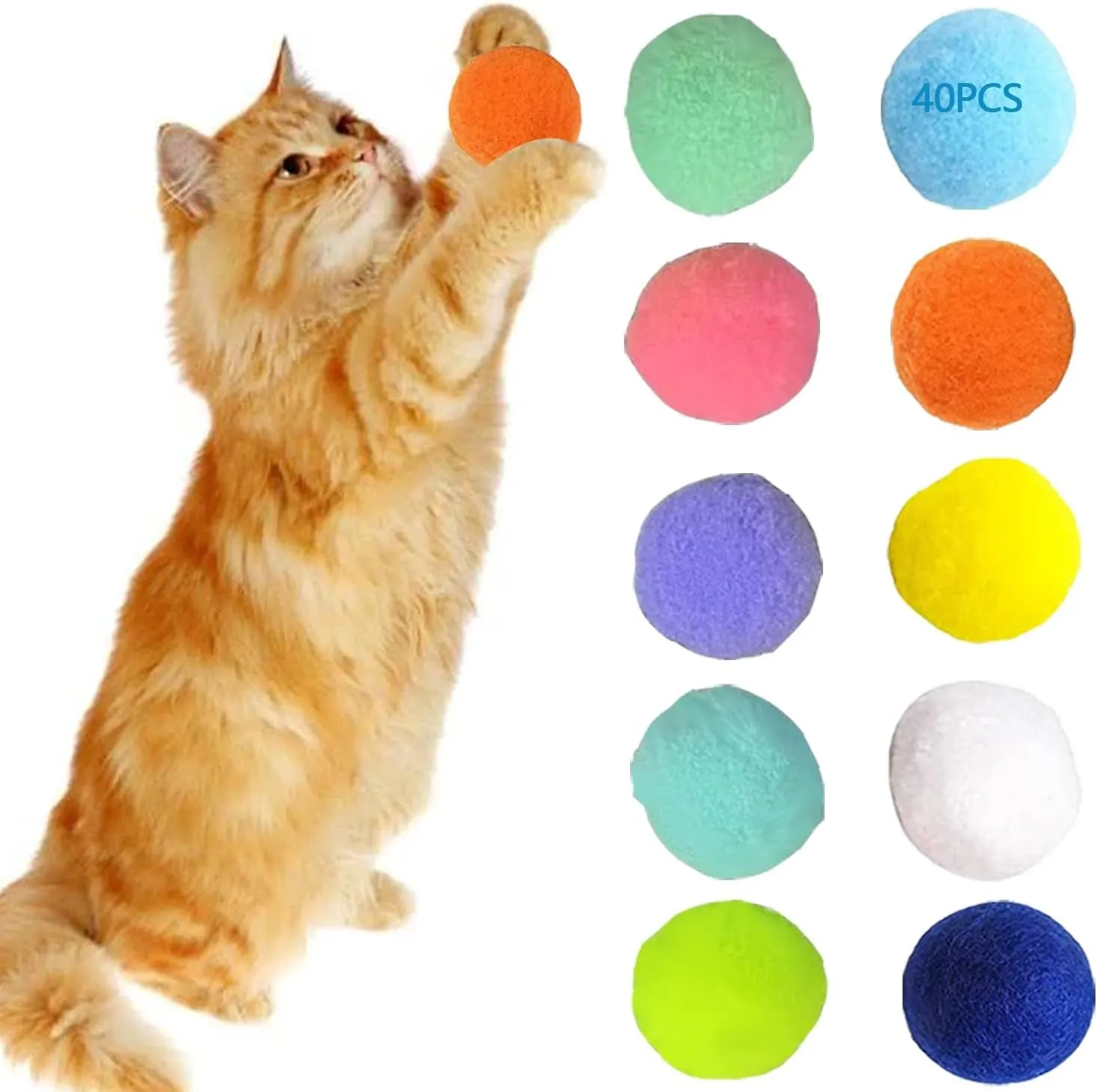 40Pcs Plush Pom Pom Ball Toy, 10 Colors - Interactive Cat Training Toys [1.2 in], Lightweight & Soft - No Harm, Bulk Pack