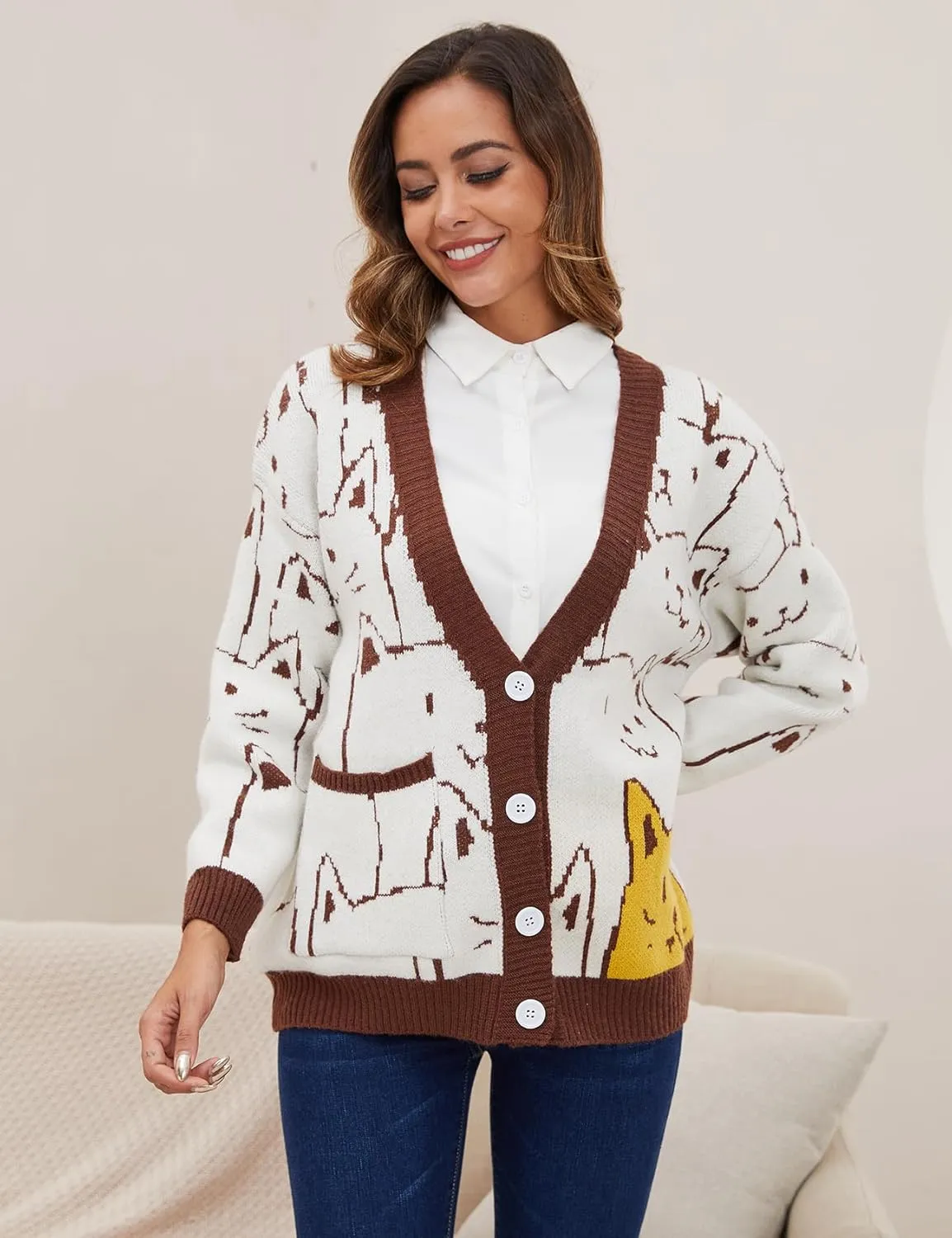 Arssm Cat Sweater for Women Oversized Button Down V Neck Cable Knit Sweater Cute Kawaii Cartoon Cardigan Coat
