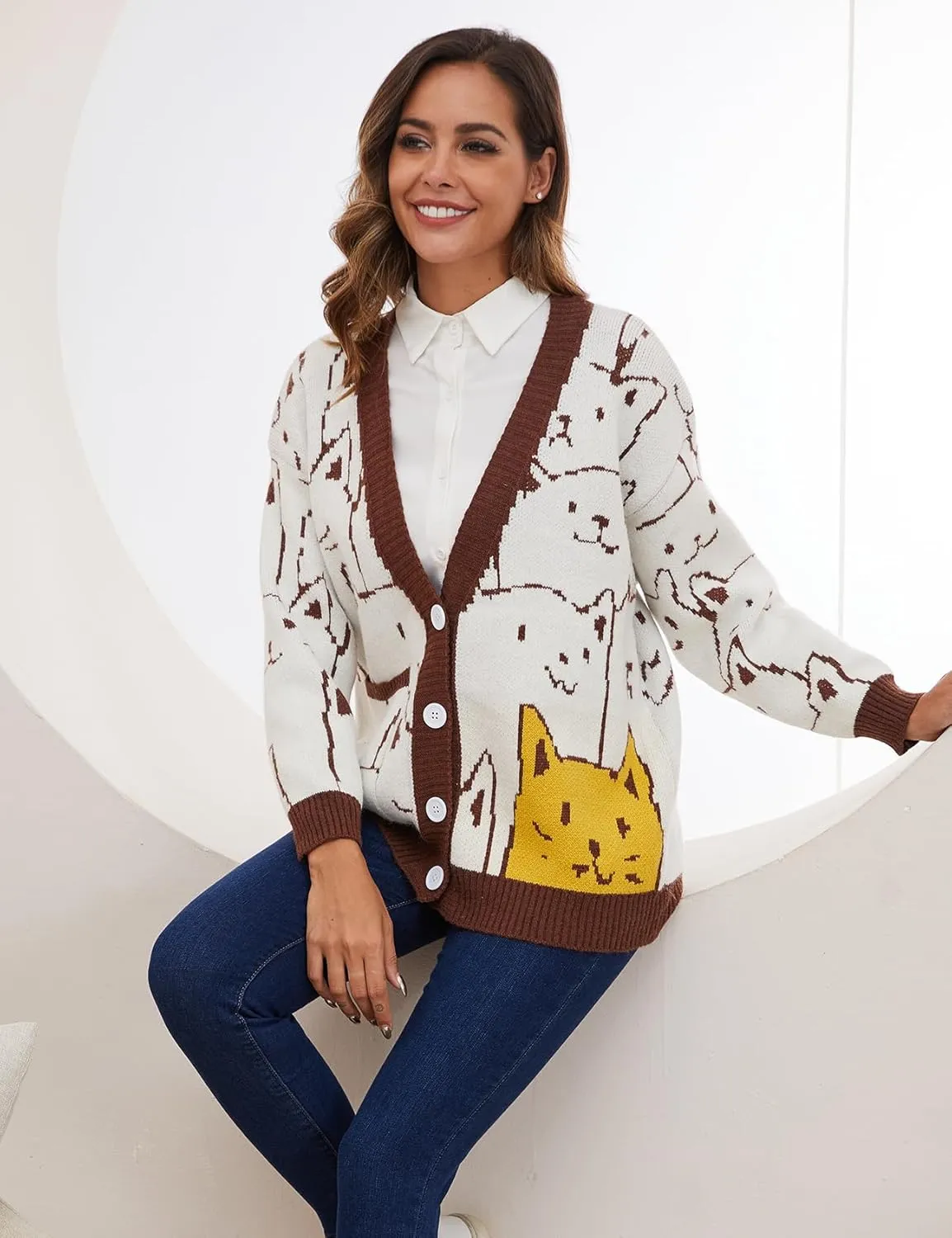 Arssm Cat Sweater for Women Oversized Button Down V Neck Cable Knit Sweater Cute Kawaii Cartoon Cardigan Coat