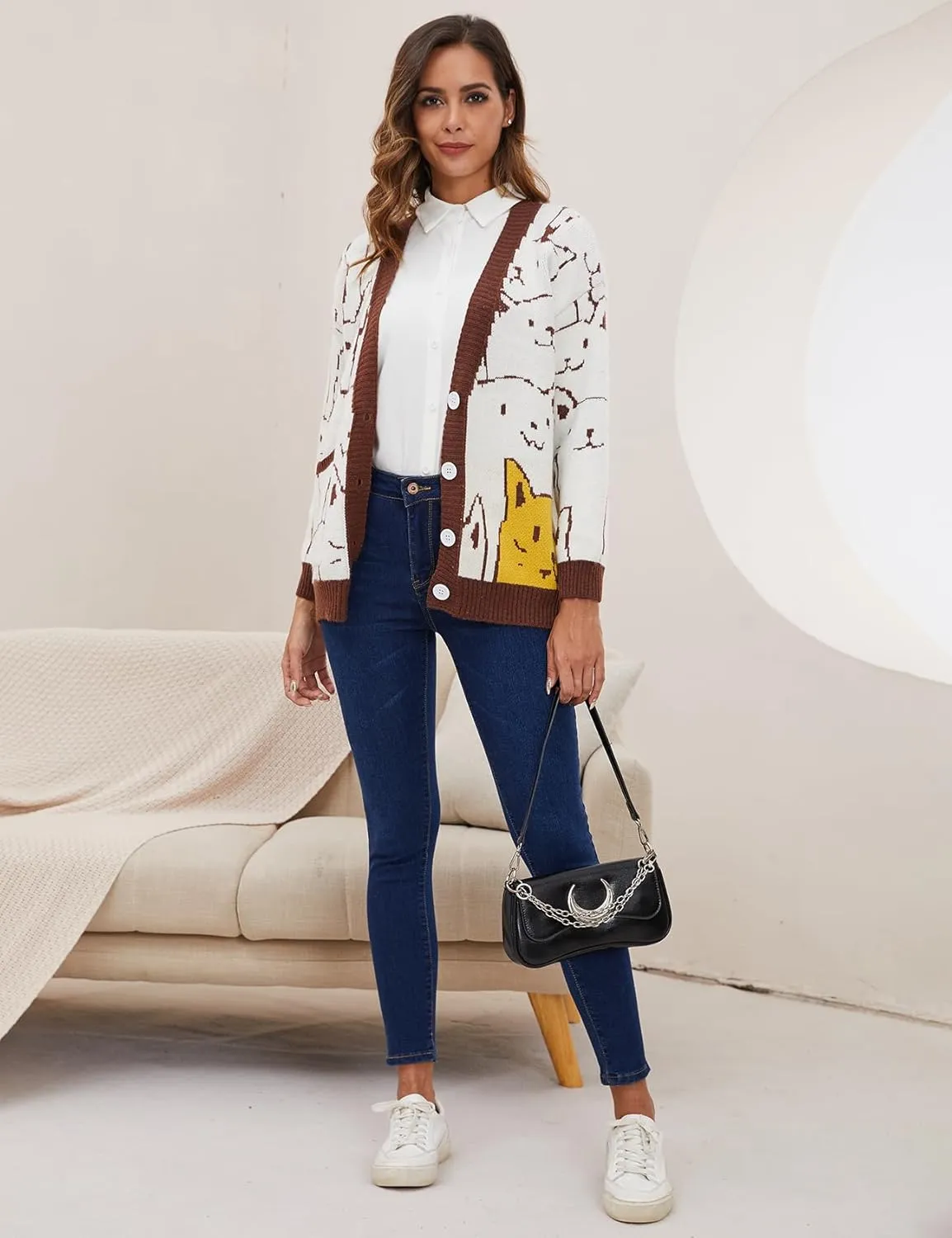 Arssm Cat Sweater for Women Oversized Button Down V Neck Cable Knit Sweater Cute Kawaii Cartoon Cardigan Coat