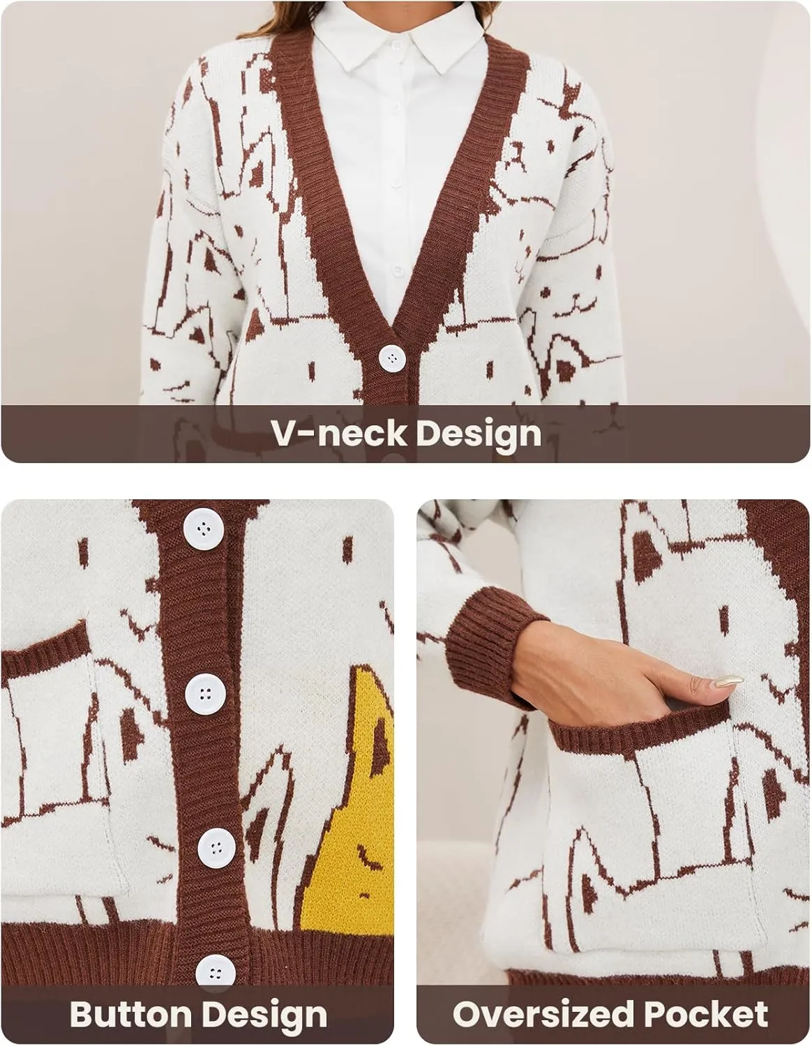 Arssm Cat Sweater for Women Oversized Button Down V Neck Cable Knit Sweater Cute Kawaii Cartoon Cardigan Coat