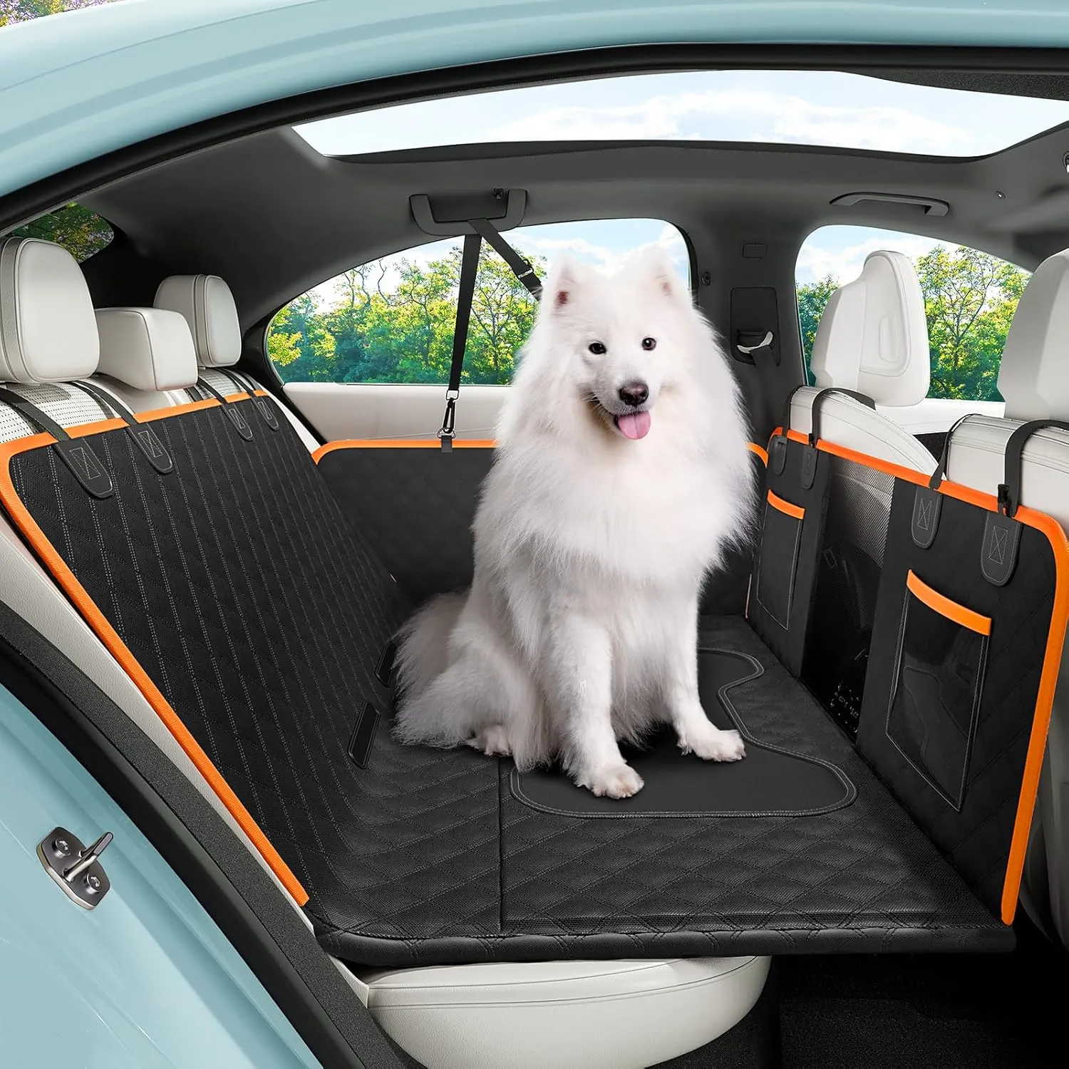 Back Seat Extender for Dogs 52.4 * 24.4in, Upgraded Non-Slip PU Leather Dog Car Seat Cover, Foldable in The Car, Hard PVC Panels Bottom Support to 330 lbs, for Cars/Mid-Size SUV/Small Truck