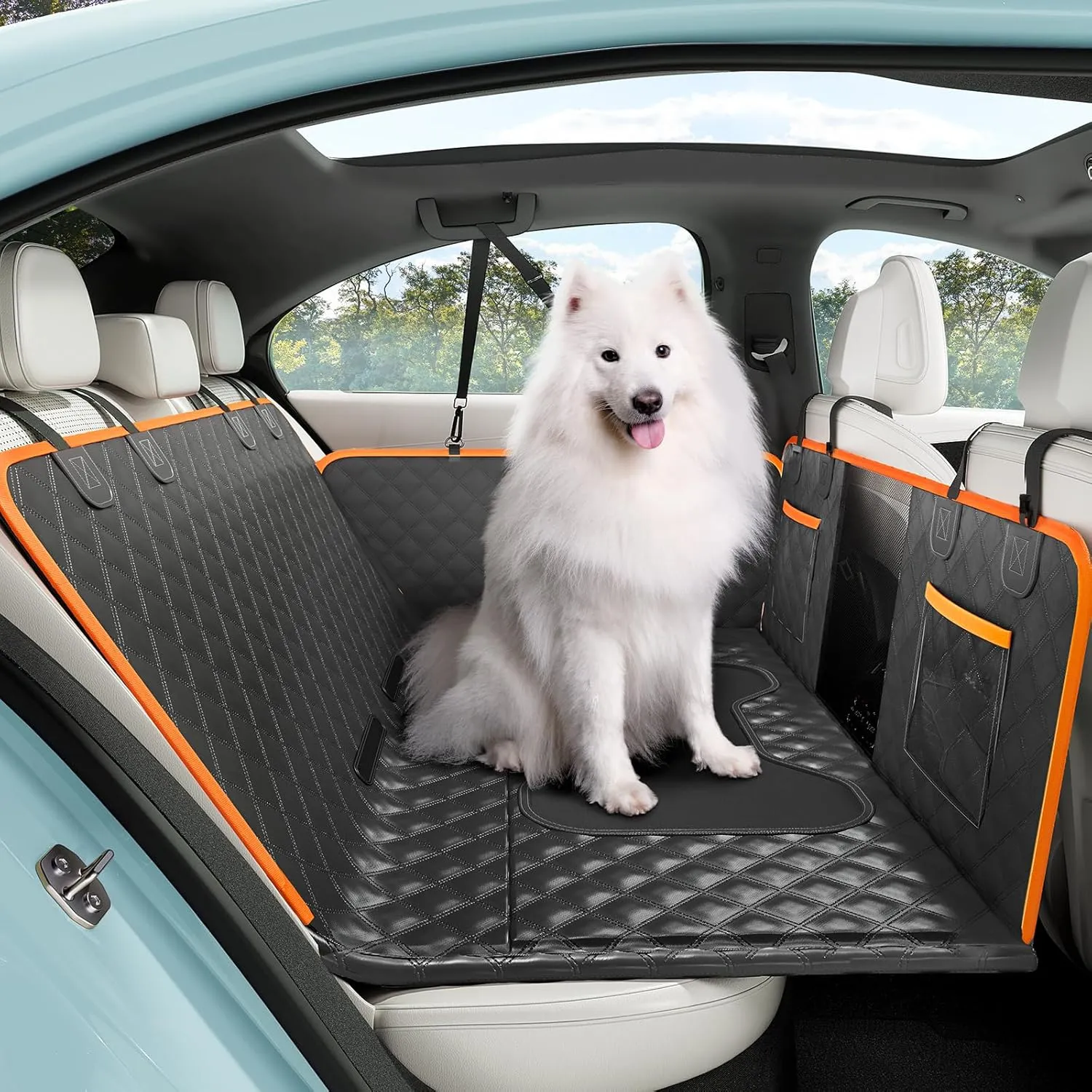Back Seat Extender for Dogs 52.4 * 24.4in, Upgraded Non-Slip PU Leather Dog Car Seat Cover, Foldable in The Car, Hard PVC Panels Bottom Support to 330 lbs, for Cars/Mid-Size SUV/Small Truck