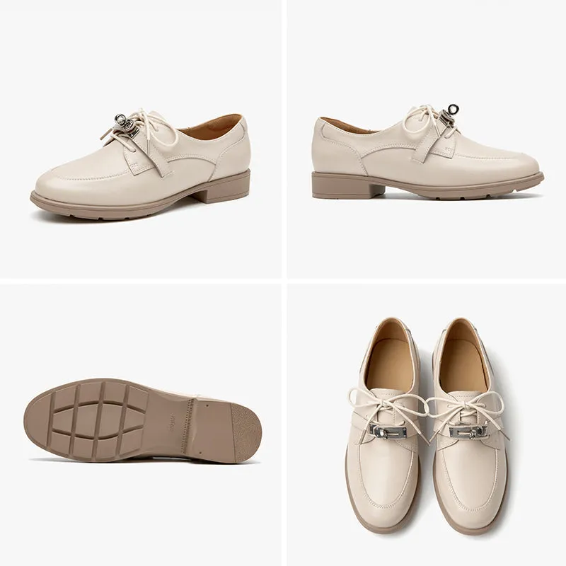Beautoday Retro Cow Leather Lace-up Derbys with Metal Decoration for Women