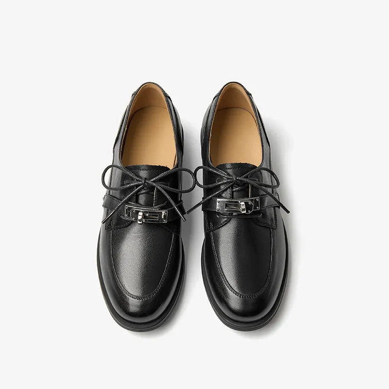 Beautoday Retro Cow Leather Lace-up Derbys with Metal Decoration for Women
