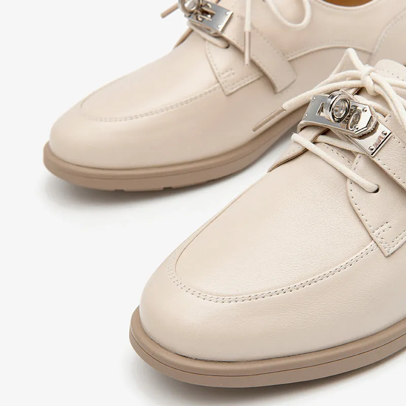Beautoday Retro Cow Leather Lace-up Derbys with Metal Decoration for Women