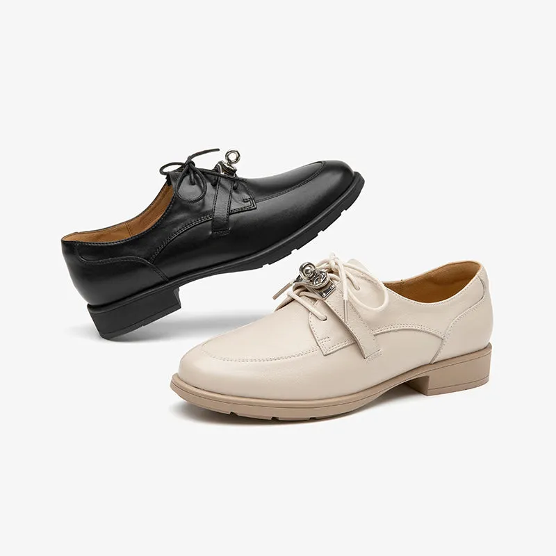 Beautoday Retro Cow Leather Lace-up Derbys with Metal Decoration for Women