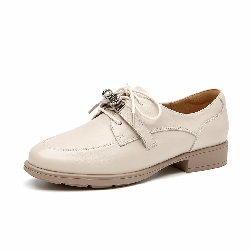 Beautoday Retro Cow Leather Lace-up Derbys with Metal Decoration for Women