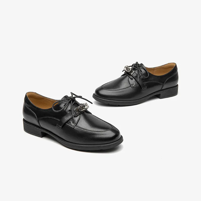 Beautoday Retro Cow Leather Lace-up Derbys with Metal Decoration for Women