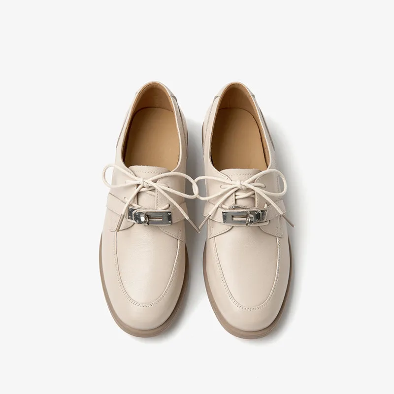 Beautoday Retro Cow Leather Lace-up Derbys with Metal Decoration for Women