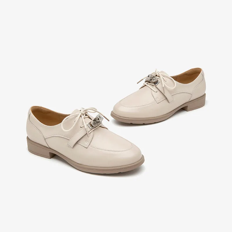 Beautoday Retro Cow Leather Lace-up Derbys with Metal Decoration for Women