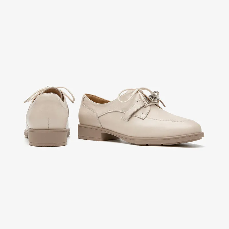 Beautoday Retro Cow Leather Lace-up Derbys with Metal Decoration for Women