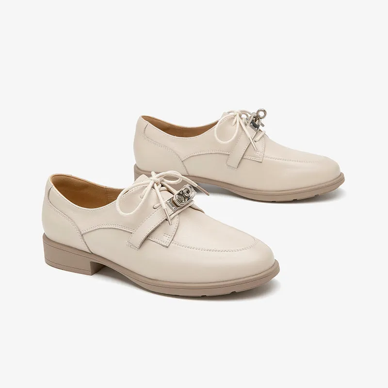 Beautoday Retro Cow Leather Lace-up Derbys with Metal Decoration for Women
