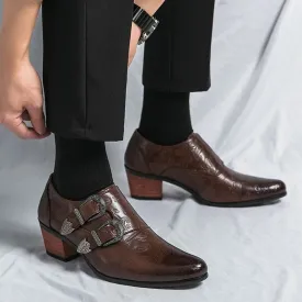 Brown Double Buckle Men Loafers Shoes Thick Heel