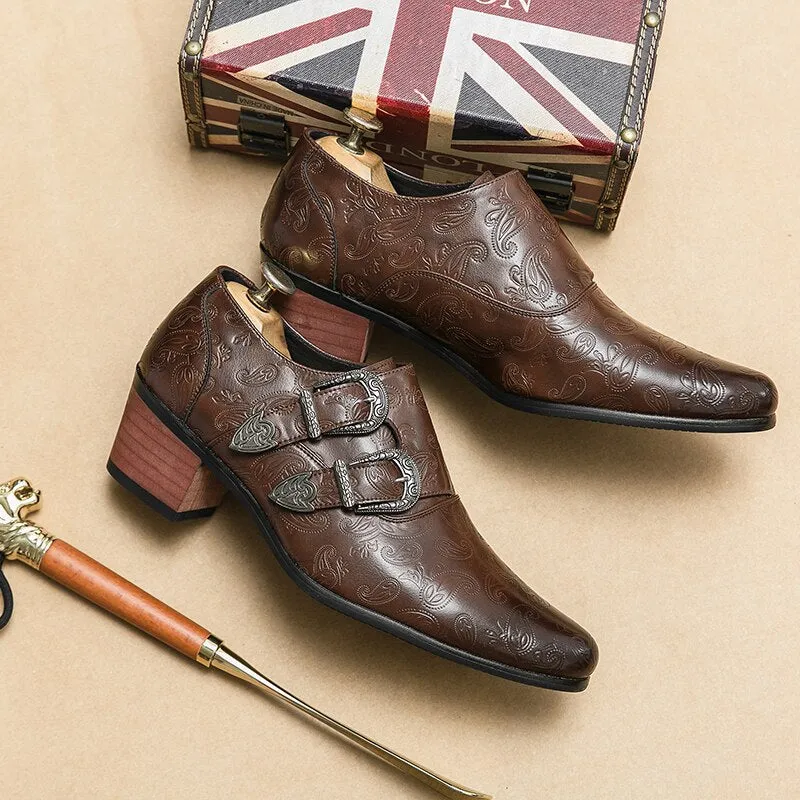Brown Double Buckle Men Loafers Shoes Thick Heel