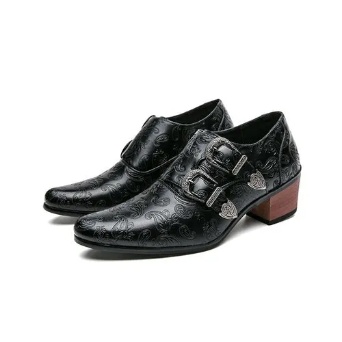 Brown Double Buckle Men Loafers Shoes Thick Heel