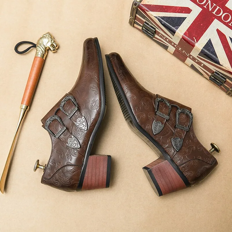 Brown Double Buckle Men Loafers Shoes Thick Heel