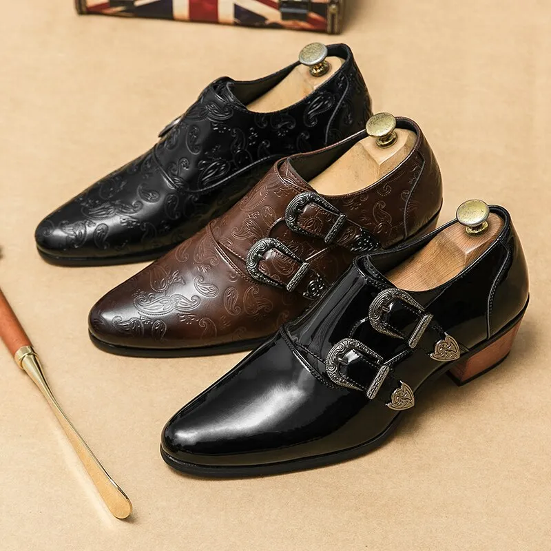 Brown Double Buckle Men Loafers Shoes Thick Heel
