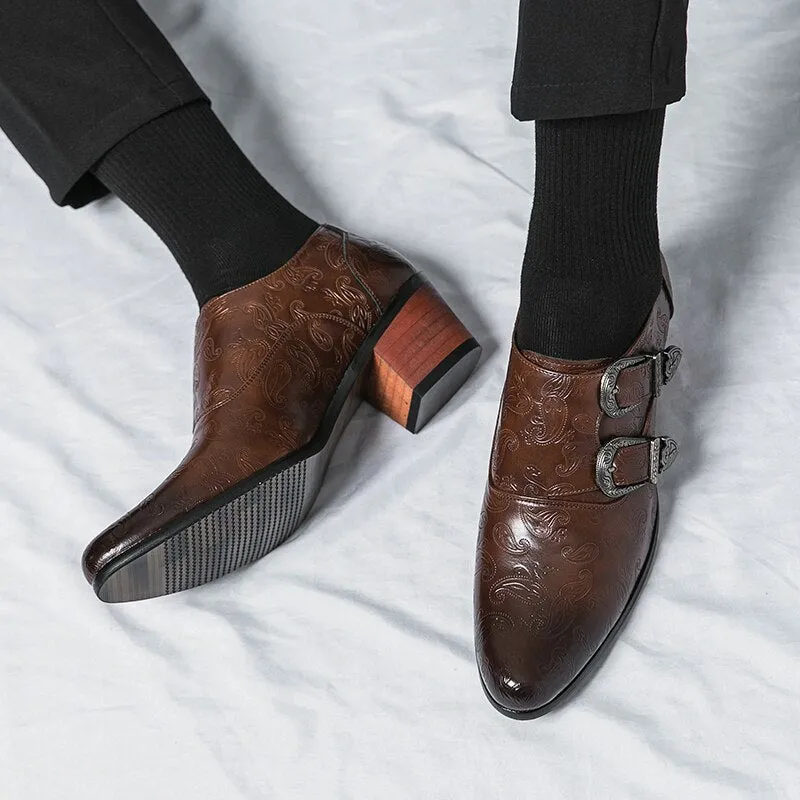 Brown Double Buckle Men Loafers Shoes Thick Heel