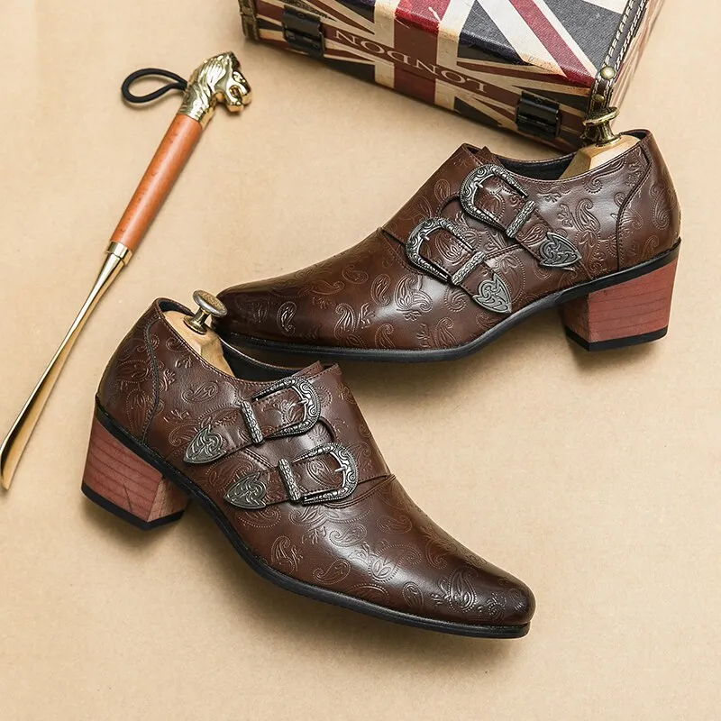 Brown Double Buckle Men Loafers Shoes Thick Heel