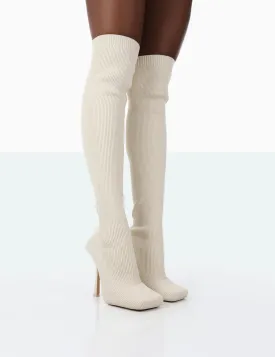Bubbles White Wide Fit Knitted Over The Knee Boots