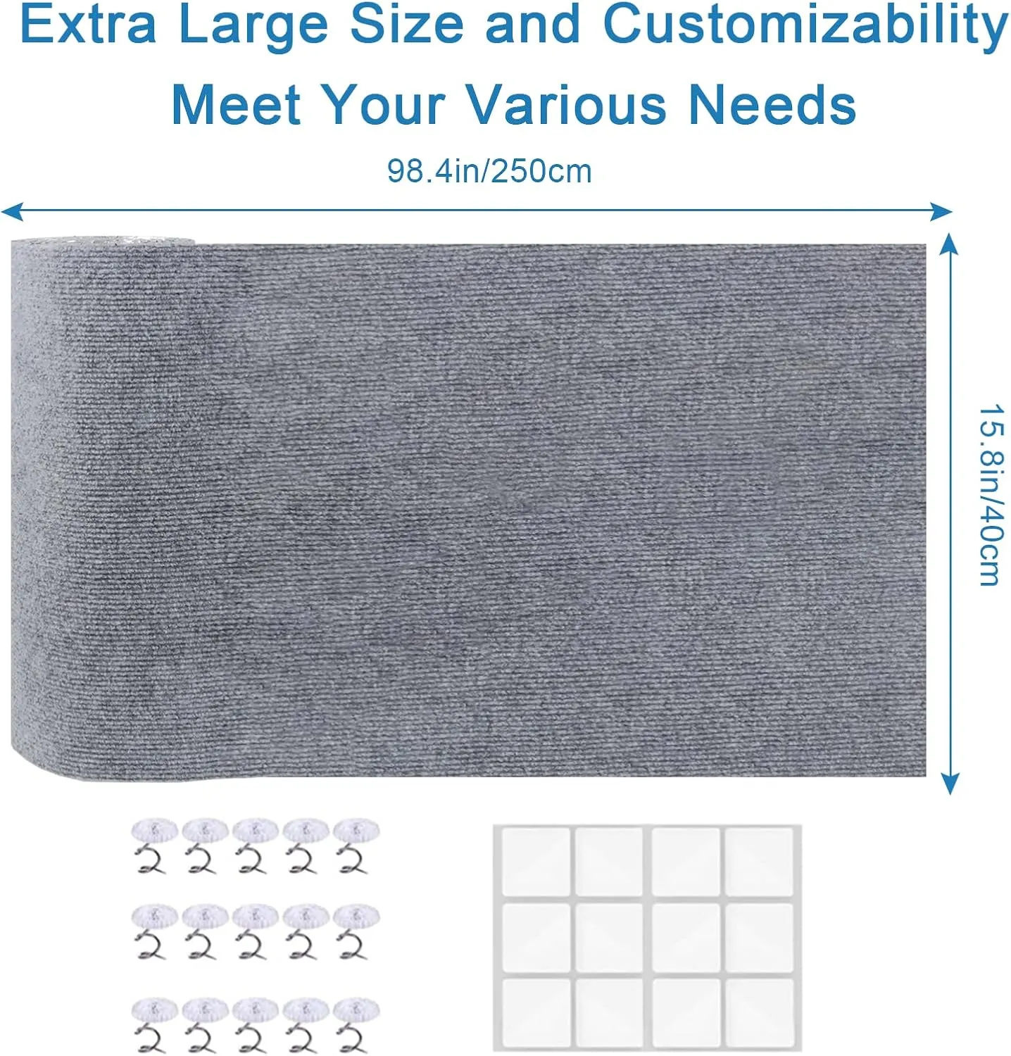 Cat Carpet, 98.4" x 15.8" Trimmable Replacement Scratching Mat,Self-Adhesive Scratch Mat - Cat Scratch Furniture Protector - Light Gray