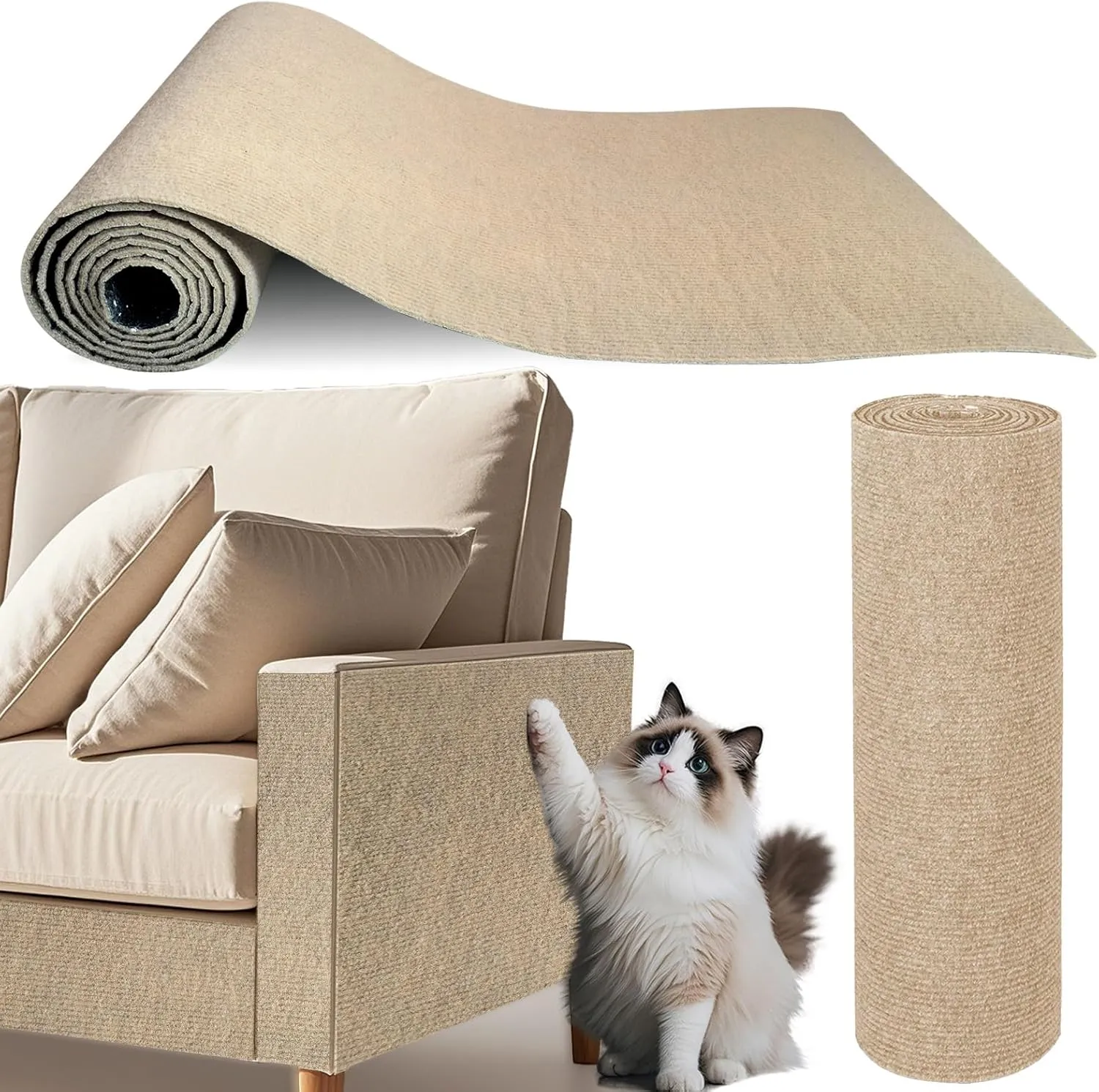 Cat Scratch Furniture Protector, Trimmable Self-Adhesive Couch Protector from Cat Claws, DIY Climb Cat Scratcher Furniture Protectors from Cats Scratching (Khaki, 39.3x15.8In)