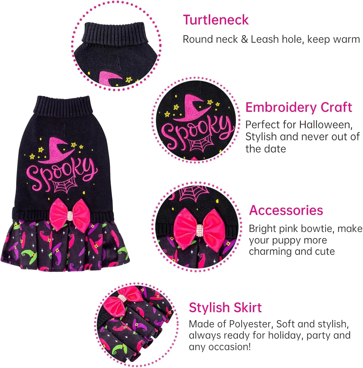 CuteBone Halloween Dog Sweater Dress Spooky Embroidery Turtleneck Puppy Sweater with Bowtie Leash Hole Pullover Winter Dress for Small Dogs