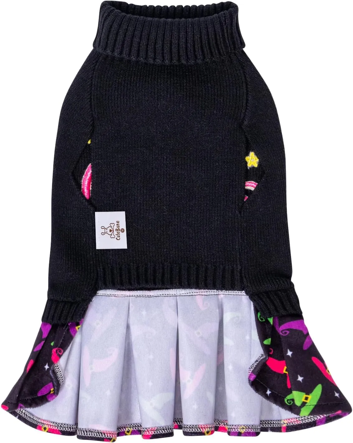 CuteBone Halloween Dog Sweater Dress Spooky Embroidery Turtleneck Puppy Sweater with Bowtie Leash Hole Pullover Winter Dress for Small Dogs