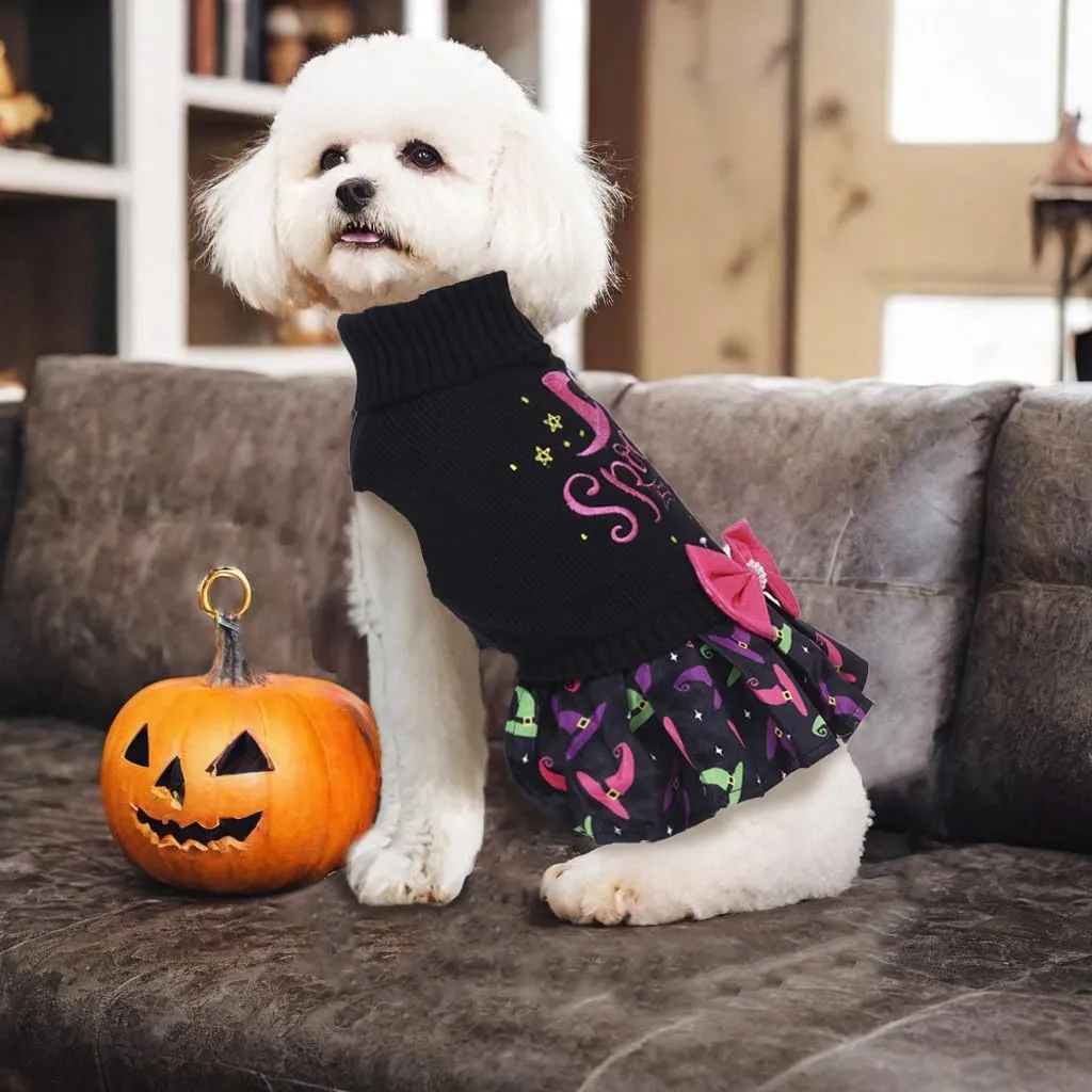 CuteBone Halloween Dog Sweater Dress Spooky Embroidery Turtleneck Puppy Sweater with Bowtie Leash Hole Pullover Winter Dress for Small Dogs