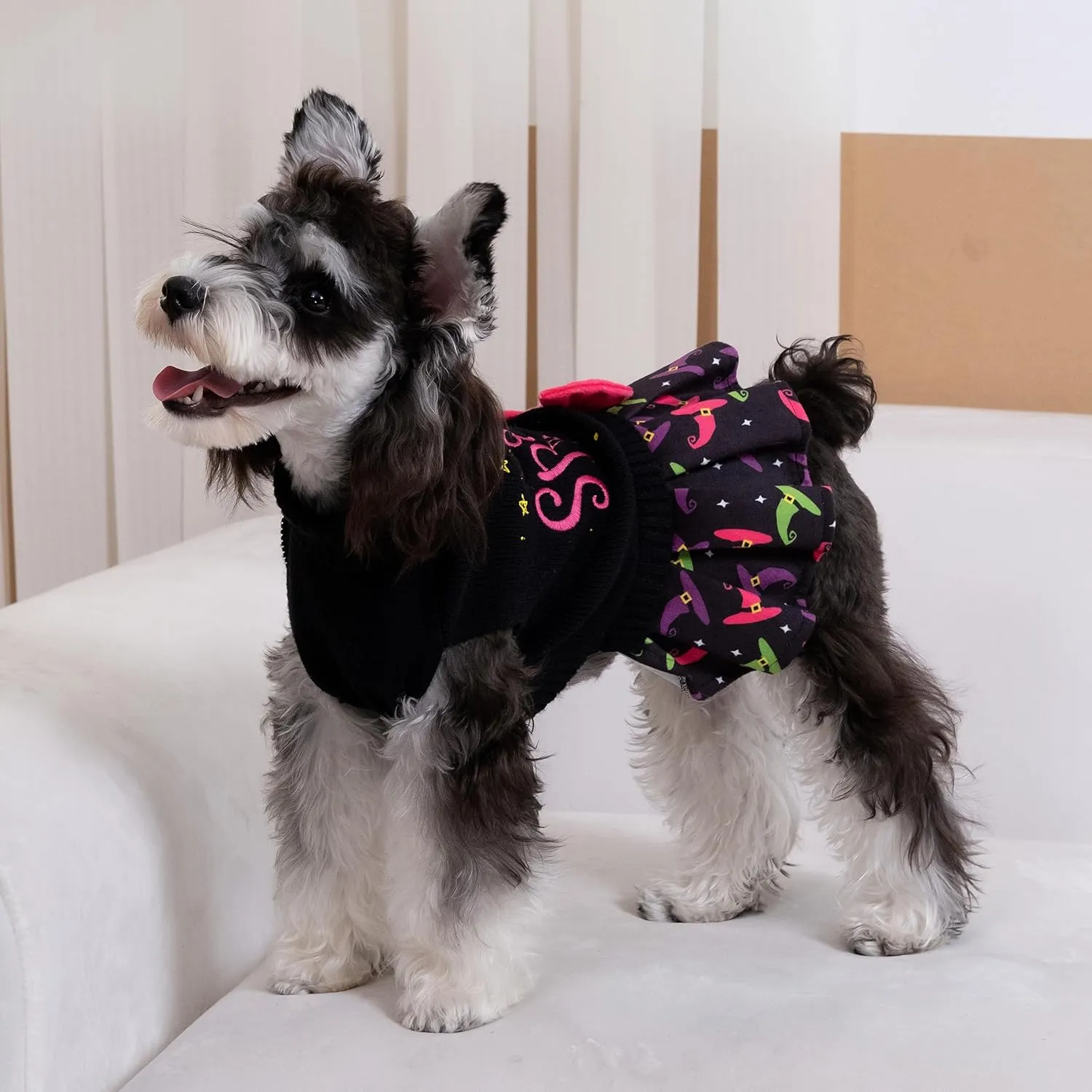 CuteBone Halloween Dog Sweater Dress Spooky Embroidery Turtleneck Puppy Sweater with Bowtie Leash Hole Pullover Winter Dress for Small Dogs