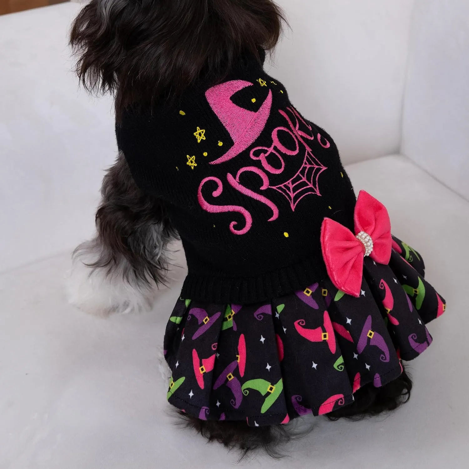 CuteBone Halloween Dog Sweater Dress Spooky Embroidery Turtleneck Puppy Sweater with Bowtie Leash Hole Pullover Winter Dress for Small Dogs