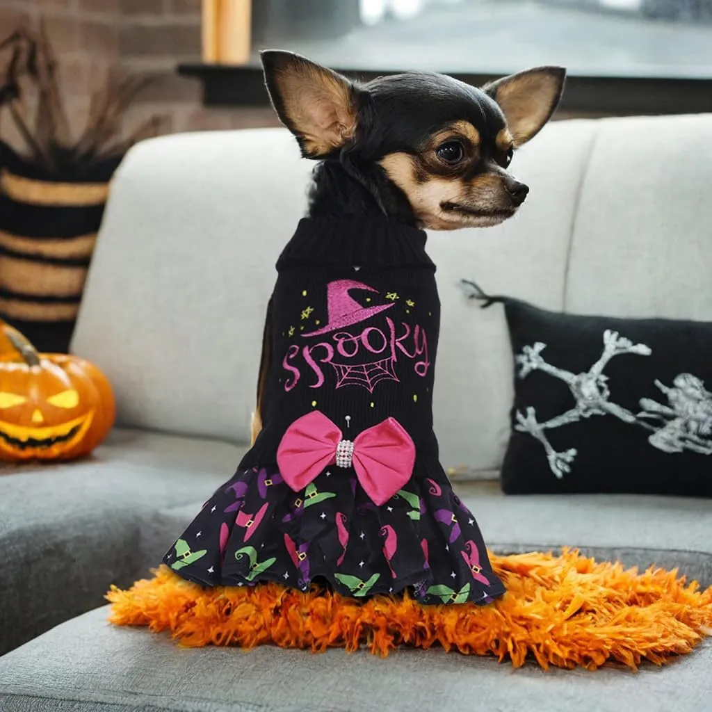 CuteBone Halloween Dog Sweater Dress Spooky Embroidery Turtleneck Puppy Sweater with Bowtie Leash Hole Pullover Winter Dress for Small Dogs