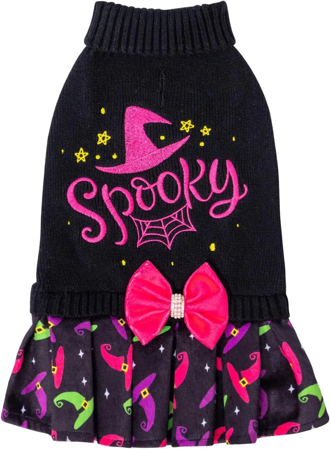 CuteBone Halloween Dog Sweater Dress Spooky Embroidery Turtleneck Puppy Sweater with Bowtie Leash Hole Pullover Winter Dress for Small Dogs