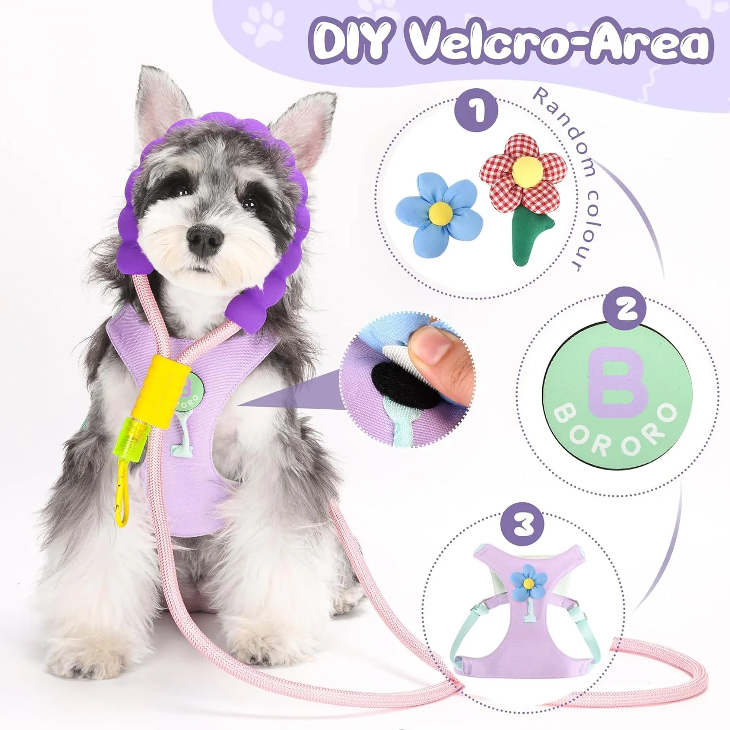 Dog Harness and Leash Set with 2 Flower Patches, No Pull Adjustable Puppy Harness, Step in No Chock Dog Vest for Small Medium Dogs Puppy and Cats(Purple, M)