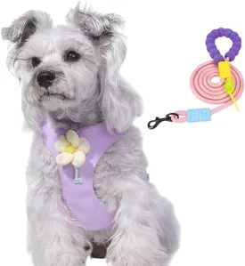 Dog Harness and Leash Set with 2 Flower Patches, No Pull Adjustable Puppy Harness, Step in No Chock Dog Vest for Small Medium Dogs Puppy and Cats(Purple, M)