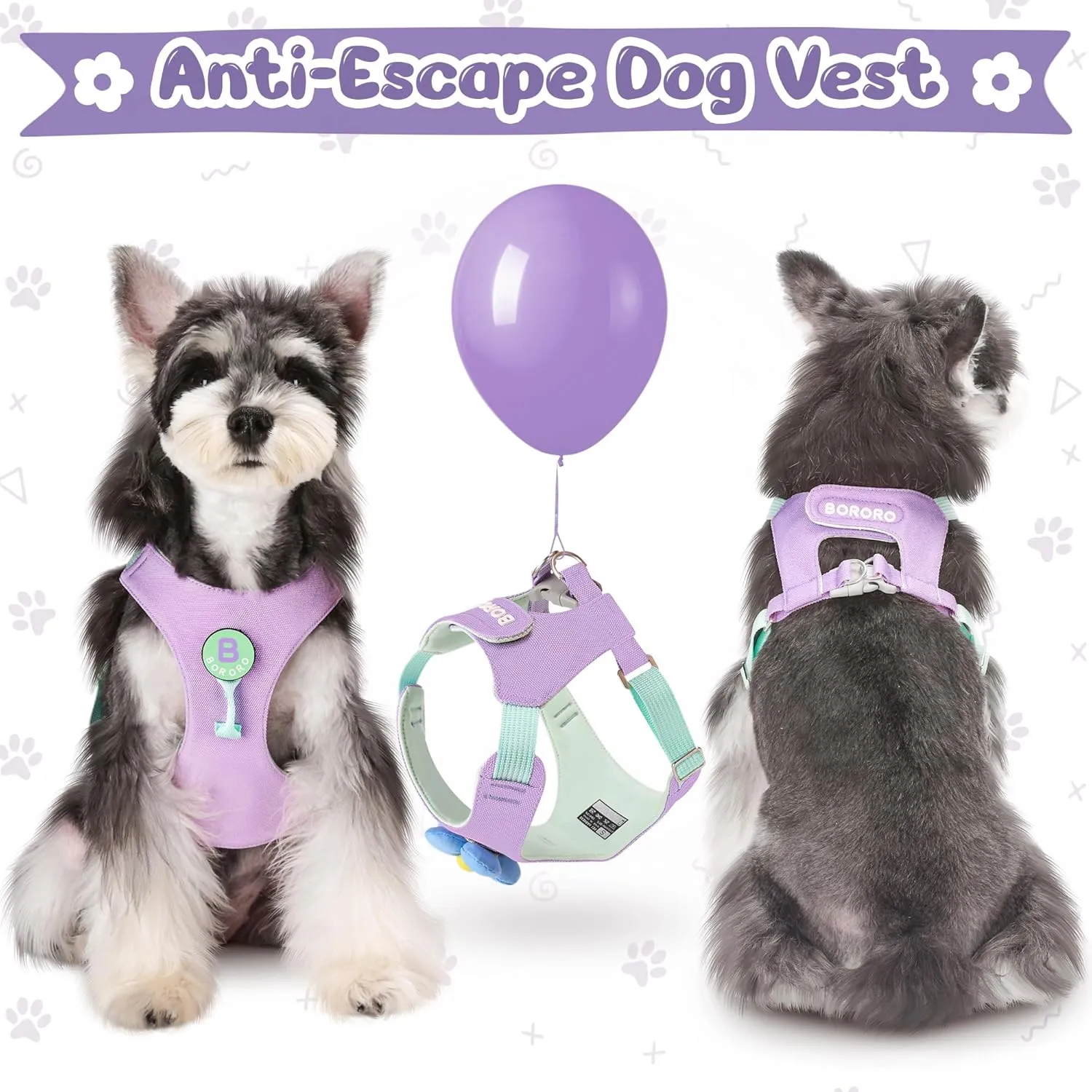 Dog Harness and Leash Set with 2 Flower Patches, No Pull Adjustable Puppy Harness, Step in No Chock Dog Vest for Small Medium Dogs Puppy and Cats(Purple, M)
