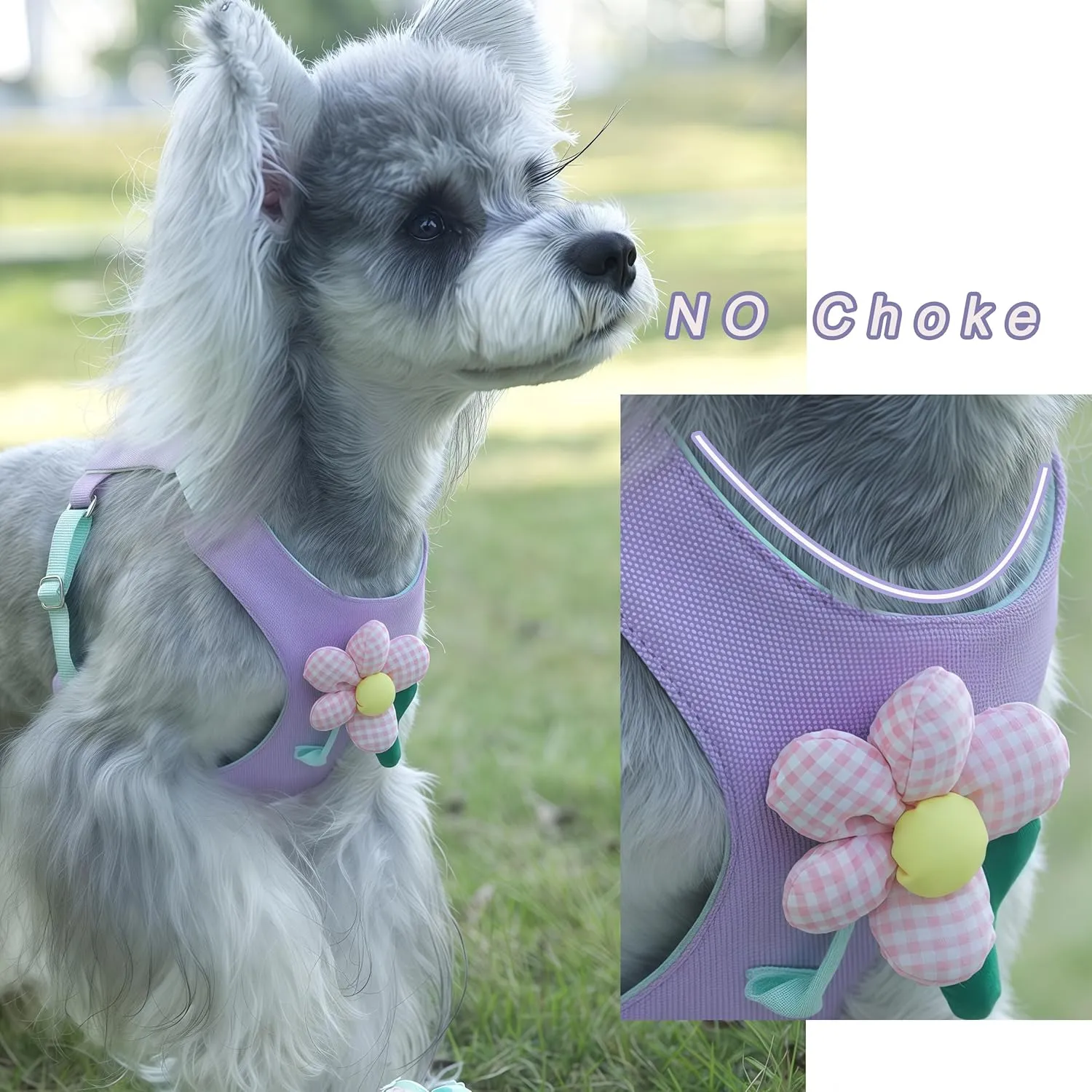 Dog Harness and Leash Set with 2 Flower Patches, No Pull Adjustable Puppy Harness, Step in No Chock Dog Vest for Small Medium Dogs Puppy and Cats(Purple, M)