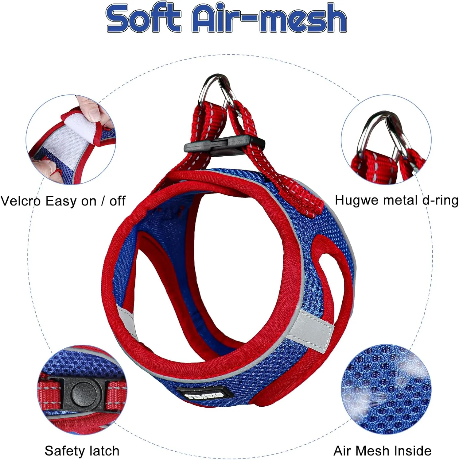 Dog Harness for Small Dogs and Leash Set, Honeycomb Grid, Reflective Lightweight Harness & Anti-Twist Pet Lead Multi Color, Size: XS-S-M. (S, Red & Blue)