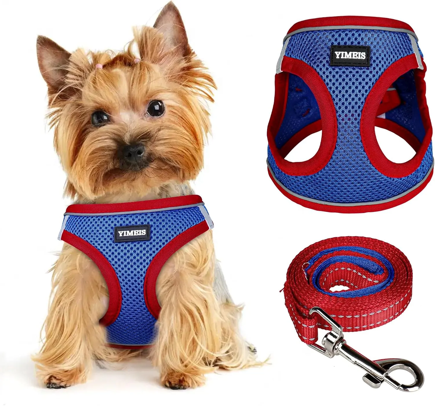 Dog Harness for Small Dogs and Leash Set, Honeycomb Grid, Reflective Lightweight Harness & Anti-Twist Pet Lead Multi Color, Size: XS-S-M. (S, Red & Blue)