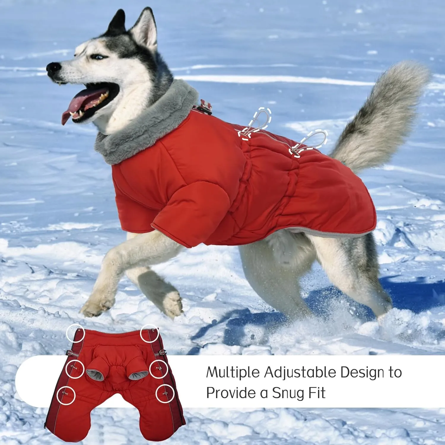 Dog Jacket - Waterproof Winter Coat with Fleece Lining, Reflective Strips, Zip Up Design, High Collar Snowsuit for Large Dogs (Red L)
