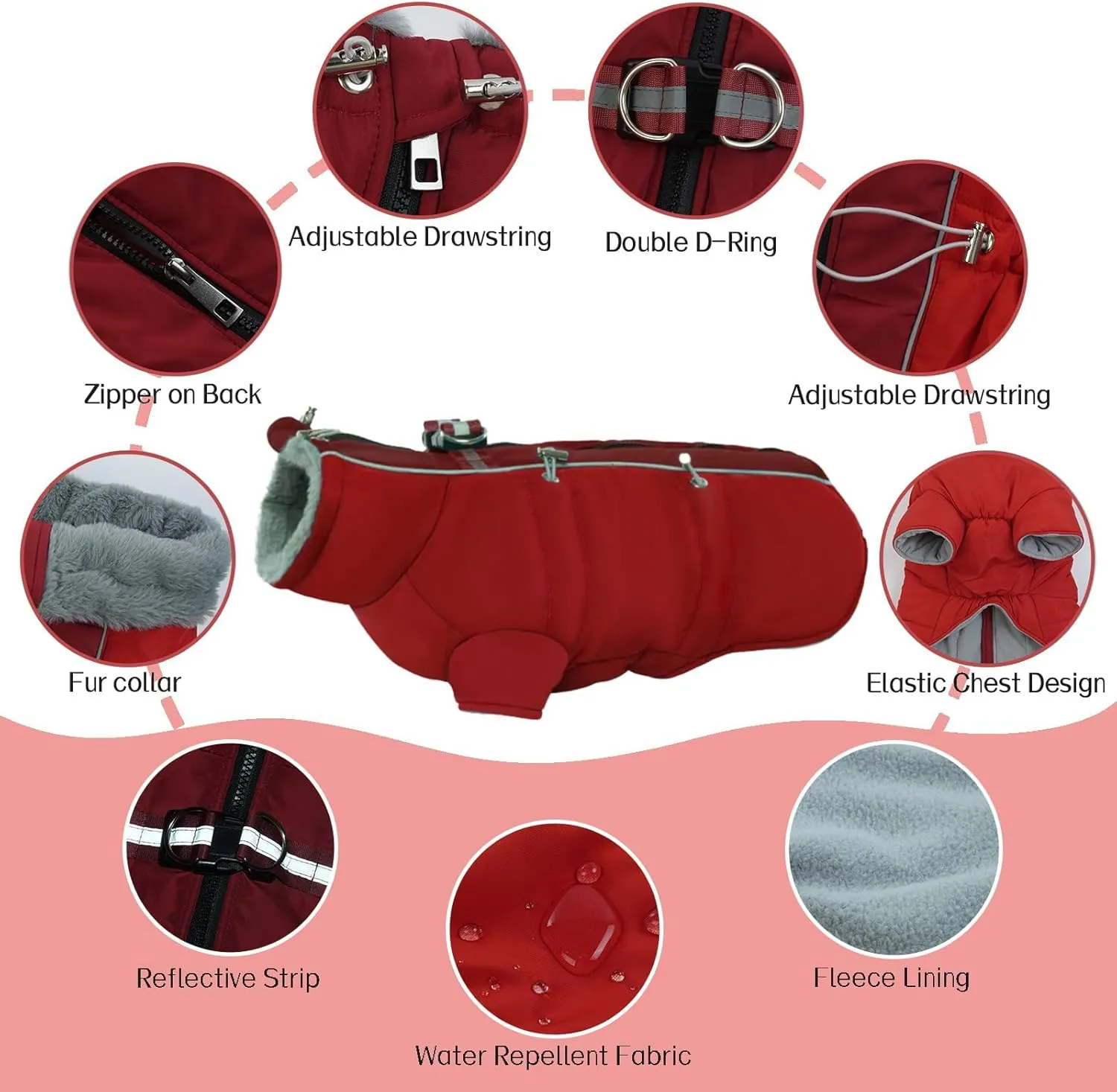 Dog Jacket - Waterproof Winter Coat with Fleece Lining, Reflective Strips, Zip Up Design, High Collar Snowsuit for Large Dogs (Red L)