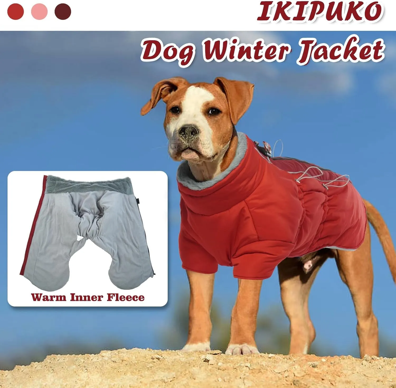 Dog Jacket - Waterproof Winter Coat with Fleece Lining, Reflective Strips, Zip Up Design, High Collar Snowsuit for Large Dogs (Red L)