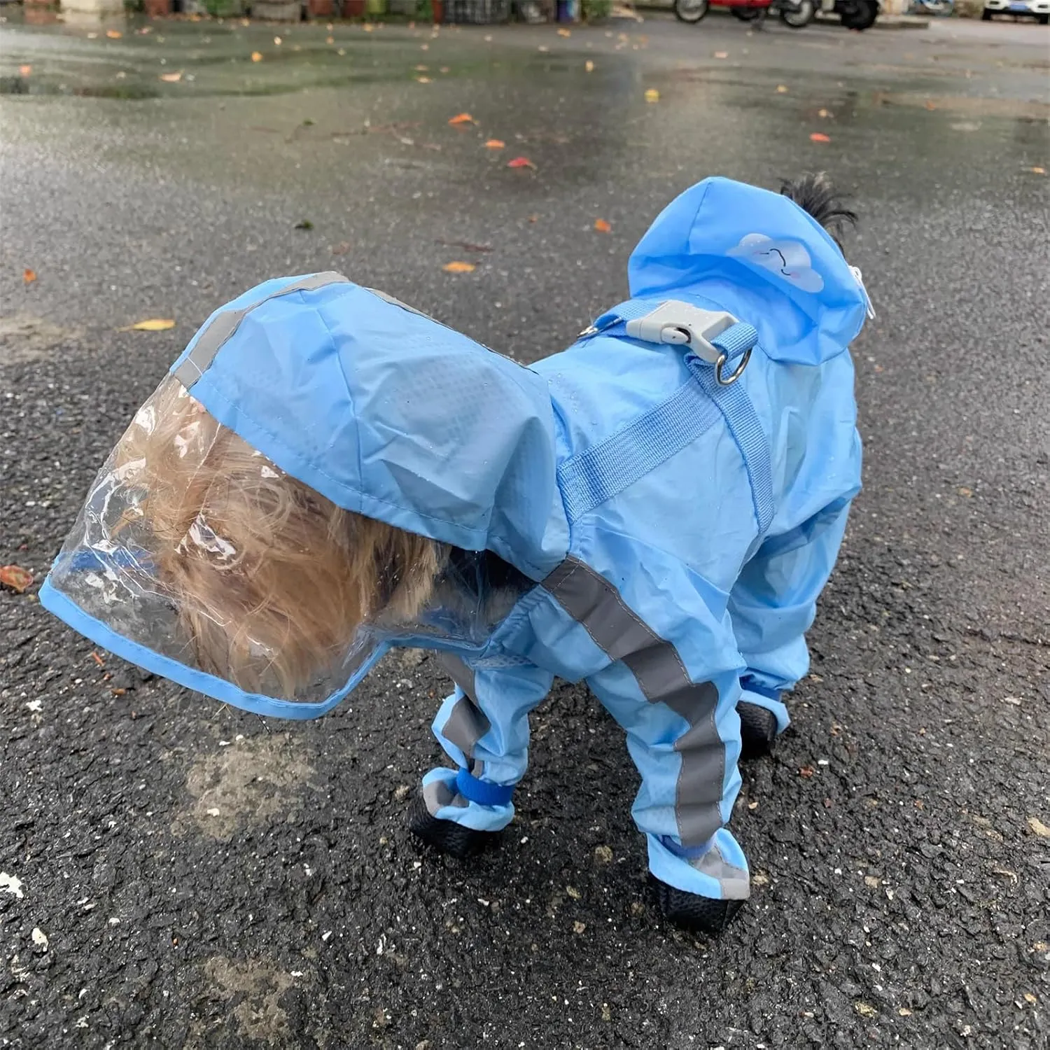 Dog Raincoat with Boots,Waterproof Dog Raincoats with Hood for Small Medium Large Dogs,Raincoat with Reflective Strap, Lightweight Rain Jacket with Leash Hole (Blue Cloud, Medium)