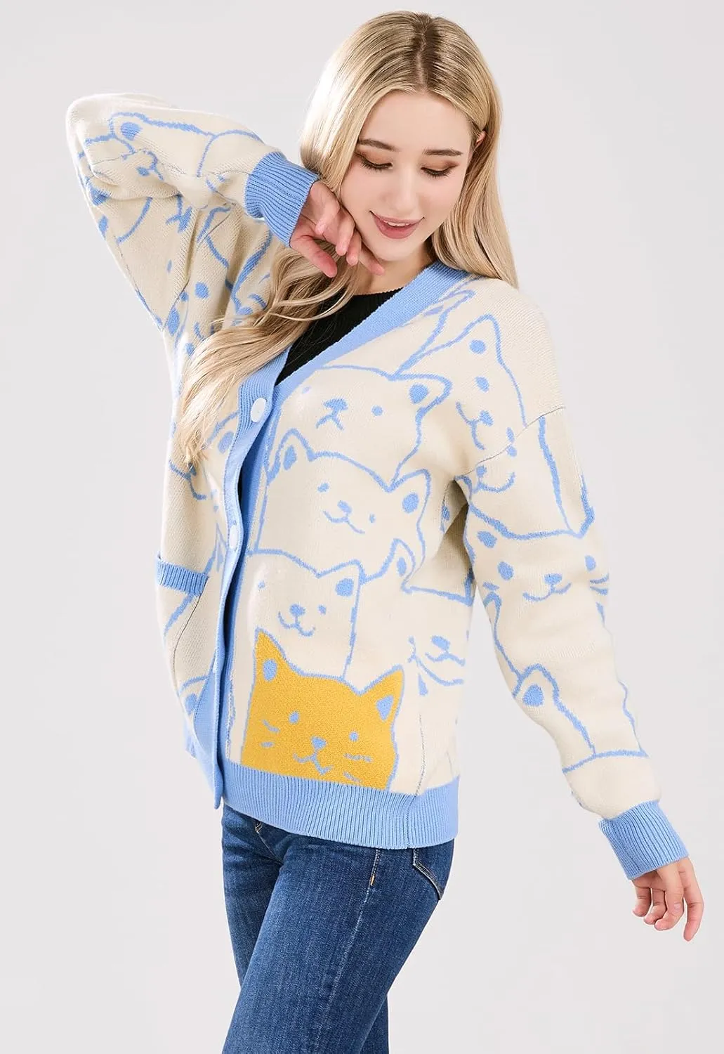 ebossy Women's Kawaii Cartoon Cat Cardigan Japanese Aesthetic Button Down Jacquard Knit Sweater Coat