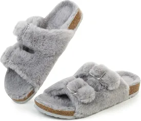 FITORY Womens Open Toe Slipper with Cozy Lining,Faux Rabbit Fur Cork Slide Sandals Size 6-11