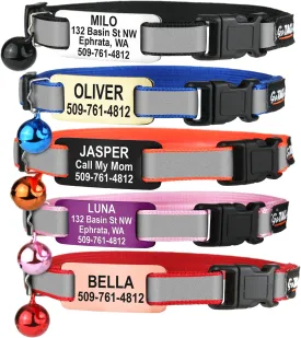 GoTags Reflective Cat Collars with Personalized Tag, Breakaway Collar with Safety Buckle Matching Bell, Engraved Custom with Name and Phone, Adjustable for Cats and Kitten, (Blue with Nameplate)